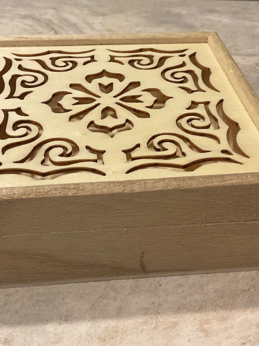 Wooden Box Laser Cut Design Hinged Lid New 5” square - Picture 7 of 10
